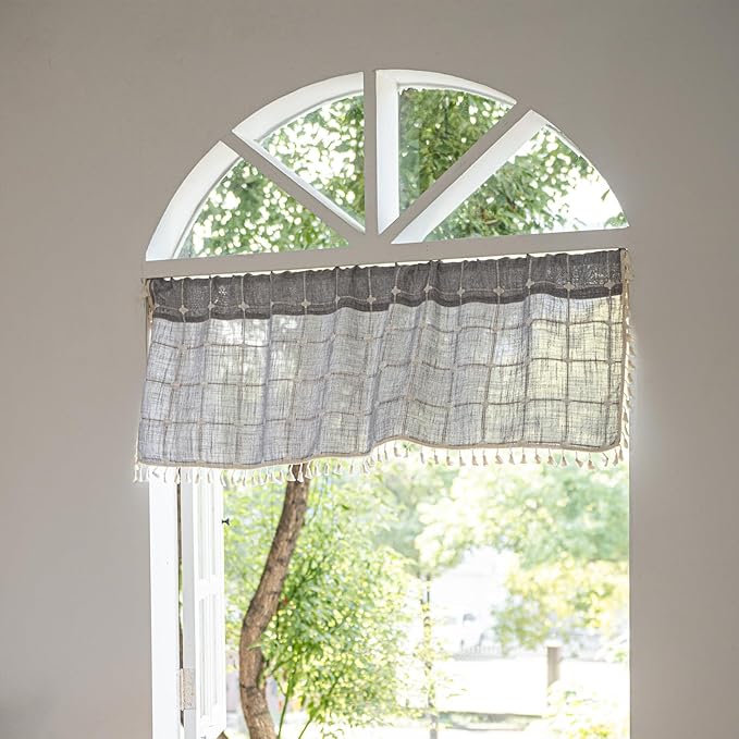 Deeprove Boho Curtain Valance18 Inches Long for Kitchen Cafe Closet, Cotton Linen Gray Plaids Embroidered Short Bohemian Farmhouse Window Treatment Grids Drape Tassels, 1 Panel W52 x L18 Grey
