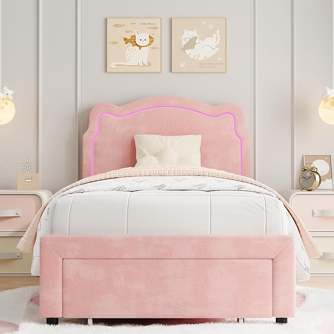 GarveeHome Twin Upholstered LED Bed Frame with Headboard, Velvet Princess Platform Bed Frame for Kids, Wooden Slats Support, No Box Spring Needed (Pink with Drawer, Twin)