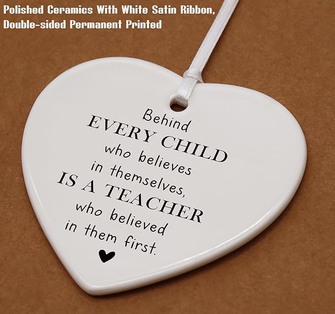 Ceramic Heart Shaped Christmas Ornament-Teacher Appreciation Gift-Thank You Present for Mentor Instructor-Teachers Week End of School Keepsake-Motivational Gratitude for Classroom Display