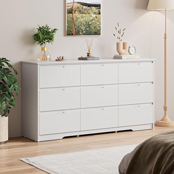 CARPETNAL 9 Drawer White Dresser for Bedroom with Deep Drawers, Large Dressers & Chest of Drawers Handle Free, Modern Long Dressers for Closet Bedroom, Living Room (59.25" W x 15.9" D x 31.9" H)