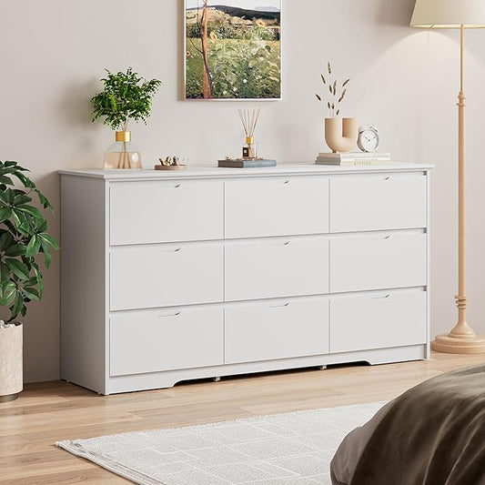 CARPETNAL 9 Drawer White Dresser for Bedroom with Deep Drawers, Large Dressers & Chest of Drawers Handle Free, Modern Long Dressers for Closet Bedroom, Living Room (59.25" W x 15.9" D x 31.9" H)