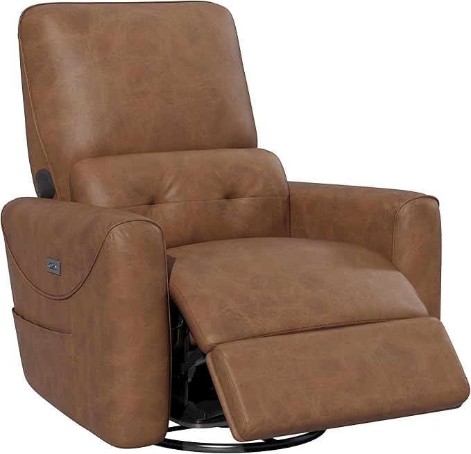 KINGYES Swivel Power Recliner, Glider Rocking Chair for Nursery, 270° Swivel Nursery Rocking Chair, Bluetooth Speaker & USB-C Port, Faux Leather Single Recliner Sofa for Breastfeeding, Brown