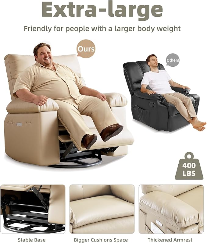 GarveeHome Oversized Power Rocker Swivel Recliner Chair - Heat and Massage, PU Leather Electric Glider Rocking Chair with USB Port, Glider Recliner Nursery Chair for Living Room, Bedroom, Nursery
