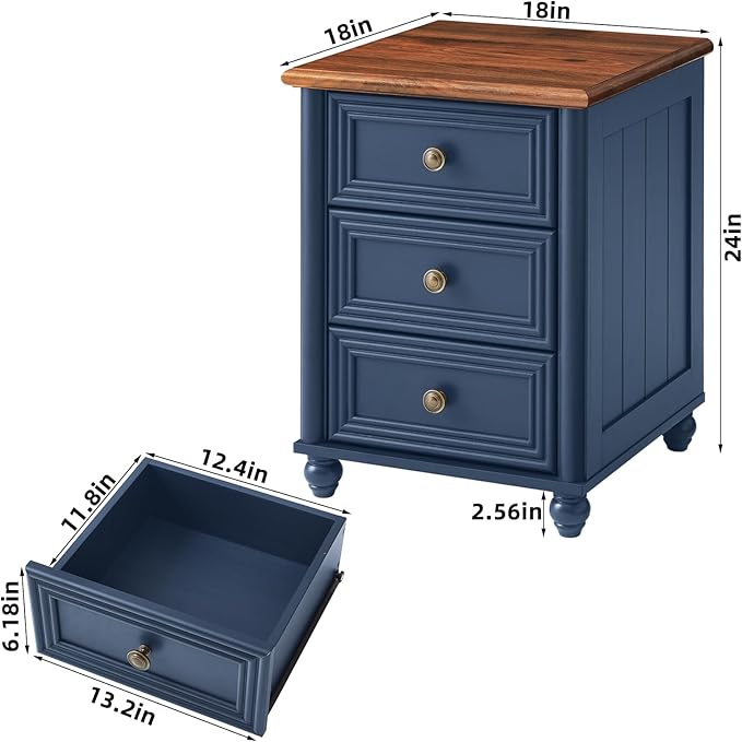 18" Farmhouse Night Stand Set of 2, Blue Wood Nightstand with 3 Drawers, Bedside End Table with Storage and Roman Column, Bed Side Tables Cabinet for Bedroom, Living Room, and Closet
