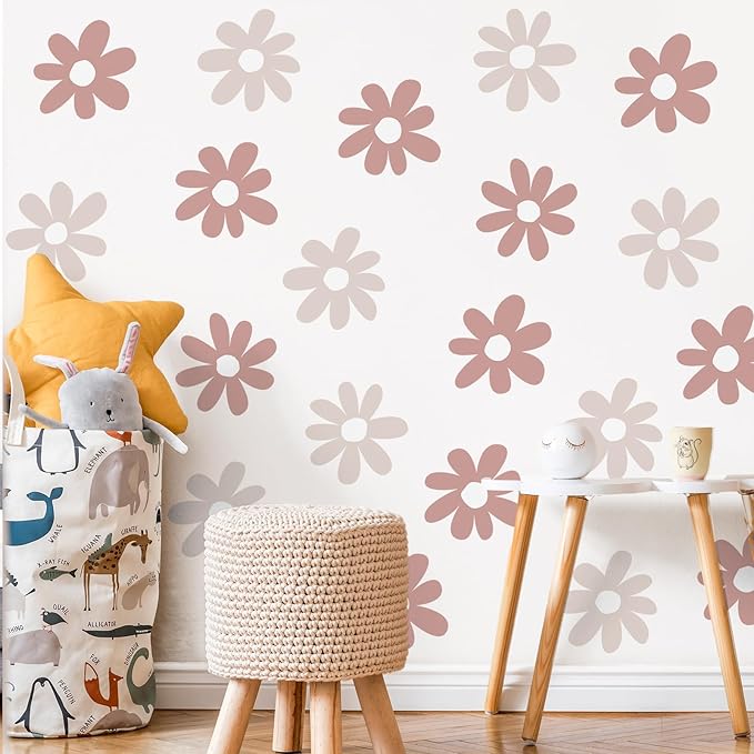 TaoBary 12 Sheets Daisy Wall Decal Flower Wall Sticker Cute Daisy Sticker Pink White Flower Decal Peel and Stick Floral Wallpaper for Nursery Bedroom Home Decor(Grey Color,Simple Style)