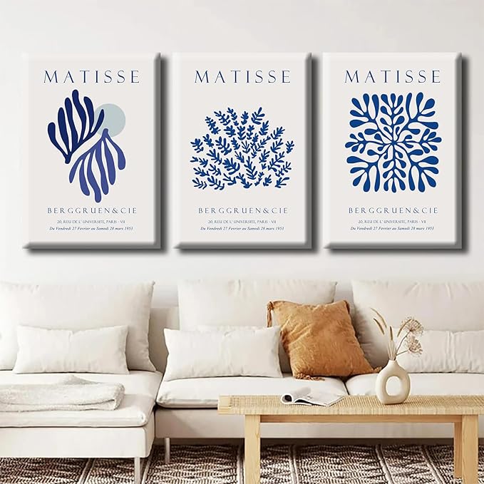LUHDFYS Blue Matisse Canvas Wall Art Print,Abstract Matisse Wall Art Exhibition Posters Set of 3,Navy Blue Canvas Prints,Landscape Aesthetic Decor for Bedroom Bathroom Living Room Wrapped Canvas