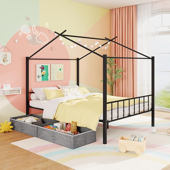 Giantex Full Size House Bed with 2 Storage Drawers, Metal Montessori Bed Frame with Headboard & Footboard, Full House Beds for Kids Girls Boys, No Box Spring Needed, Noise Free (Black)