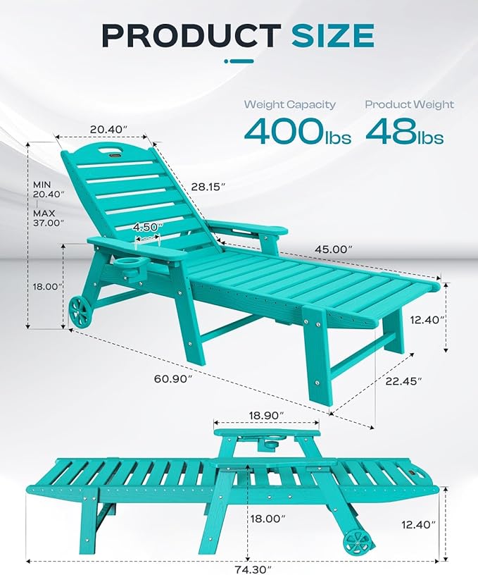 Lounge Chair Outdoor, Oversized Chaise Lounge Chair with 5 Positions, HDPE, Patio Lounge Chair with Wheels & Cup Holder for Pool, Deck, Poolside, Lake Blue