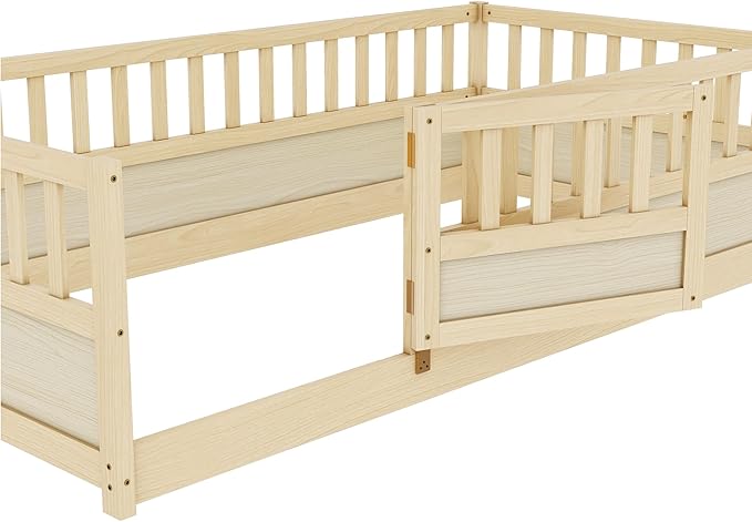 KEIKI Twin Kids Floor Bed, Montessori Kids Floor Bedframe with Fence & Door, Children's Wood Bed for Living Room, Natural