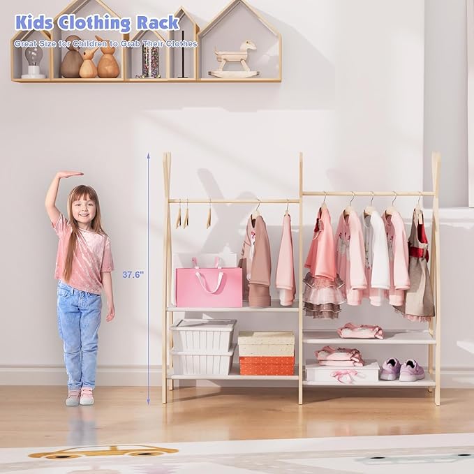 Kids Clothing Rack Dress Up Storage Closet for Girls Baby Garment Wardrobe Toddler Costume Closet with Double Hanging Rod Wood 2 Tier Bottom Storage Shelves Organizer