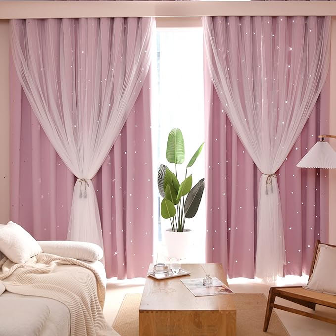 Kinryb Princess Curtains for Girls Bedroom with Sheer Overlay,Double Layer Curtain for Living Room with Star Cutout, Curtains for Kids Room (52 W*108 L Inches,2 Pcs Pink)