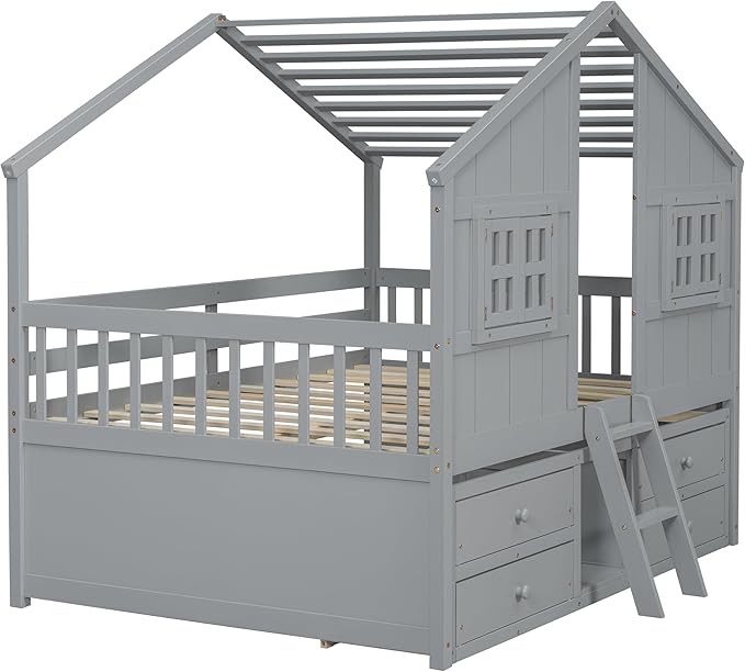 Harper & Bright Designs Full Size House Loft Bed with 4 Storage Drawers, Low House Montessori Bed with Roof and Windows, Safety Guardrails for Kids, Girls, Boys, Grey