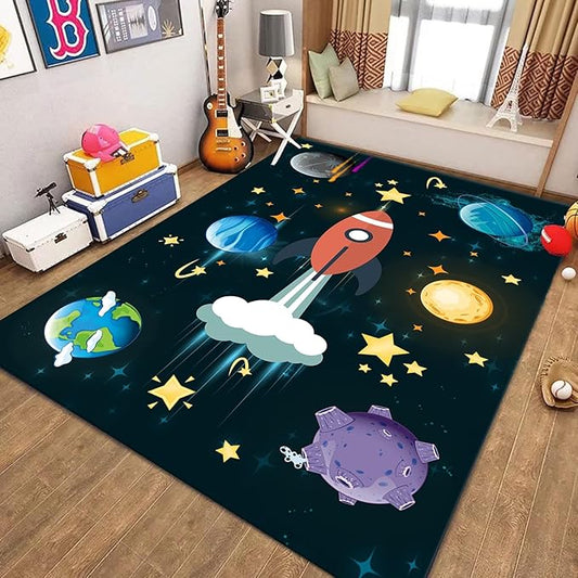 5x6ft Outer Space Rug - with Rocket and Planet Design, Non-Slip Washable,Kids Rugs for Playroom Easy Care Rug, for Children's Room, Toddlers, Classroom, Playroom, Baby Daycare