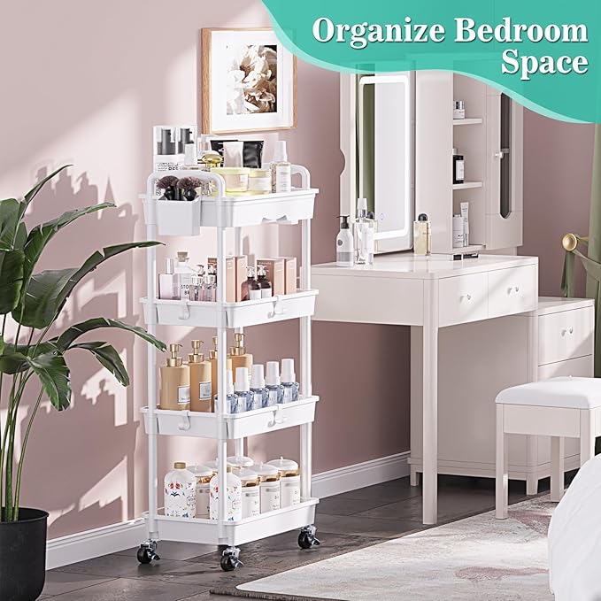 4 Tier Rolling Utility Cart with Drawer, Storage Organizer Cart with 2 Lockable Wheels, Multifunctional Rolling Storage Cart for Bathroom, Kitchen, Craft, Makeup, Baby Essentials, White
