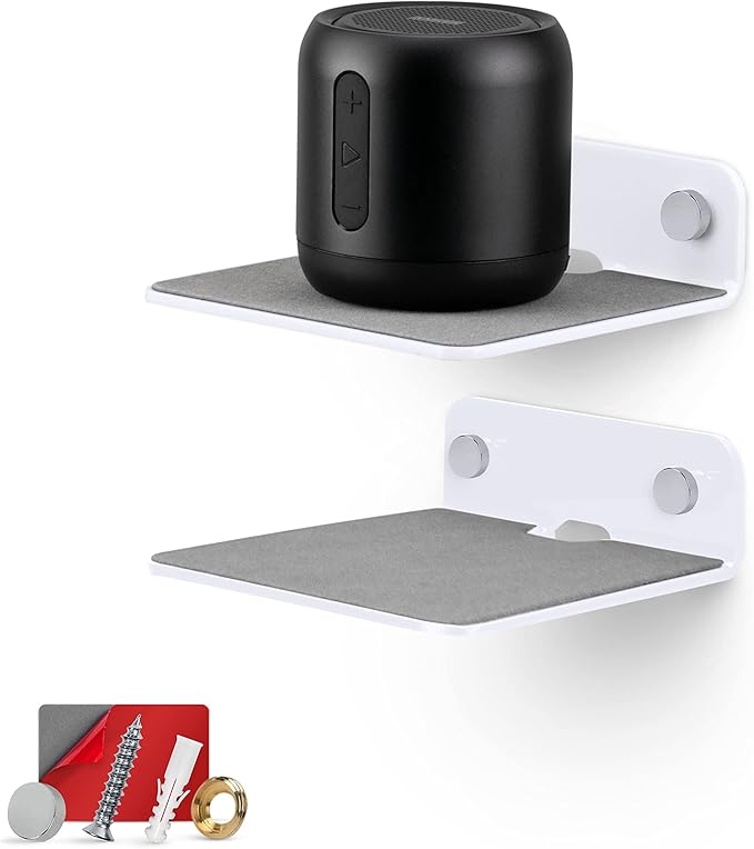 BRAINWAVZ 2-Pack 4” Small Floating Shelf Bluetooth Speaker Stand, Adhesive & Screw Wall Mount, Anti Slip, for Cameras, Baby Monitors, Webcam, Router & More, Universal Holder (SHELF11 White)