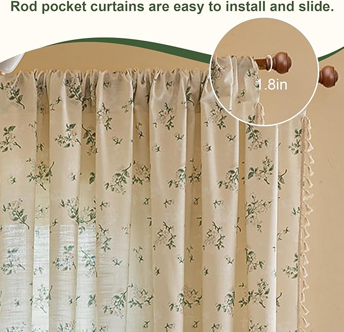 OYX Sage Green Spring Floral Curtains 96 Inch Length 2panels for Living Room, French Country Vintage Light Filtering Patterned Aesthetic Drapes for Bedroom, Rod Pocket Decor Window Treatment Curtains