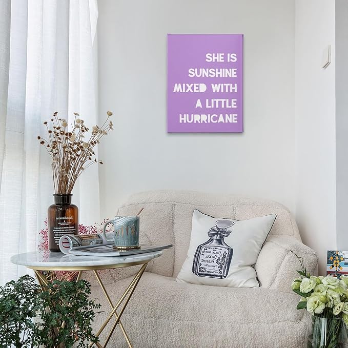 PHAMTE Girls Bedroom Wall Decor,She Is Sunshine Mixed With a Little Hurricane Girls Room Wall Art,Sunshine Print Framed Canvas Painting Artwork Girl Room Bedroom Home Nursery Playroom(11x14 Inch)（Violet）