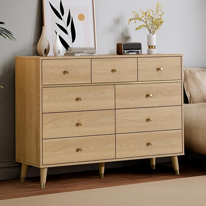 9 Drawers Dresser for Bedroom,35.4" Tall Wood Rustic Modern Chest of Drawers with Natural Texture,with Anti-Tipping Device, Storage Dressers Organizer for Bedroom, Living Room,Oak