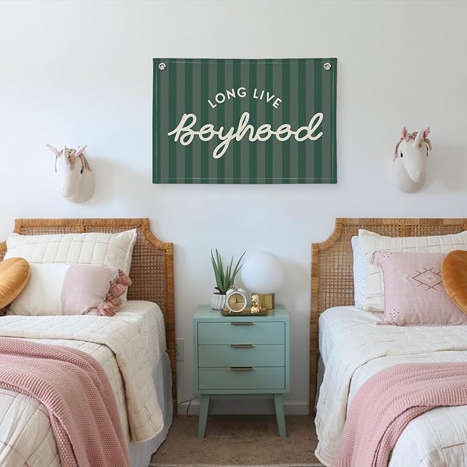 Long Live Boyhood Banner, Boy Nursery Decor, Canvas Banner Wall Hanging Flag Decor for Nursery Playroom Toddler Room, Boys Kids Room - Deep Green