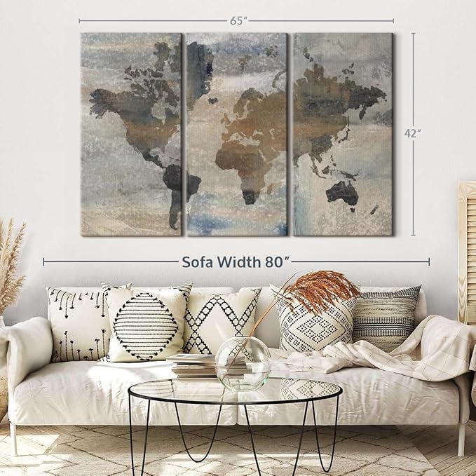 ElephantStock Stone World Wall Art - Horizontal Canvas - 3-Piece Lobby Wall Decor - Painting Map Canvas Print - Beige and Gray Decor for Wall by Avery Tillmon - 65" X 42"