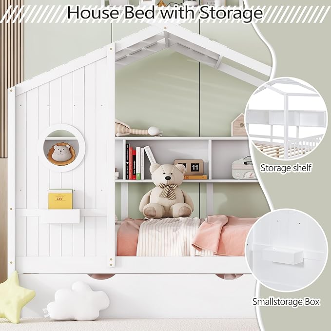 Harper & Bright Designs Kids Full Size House Bed with Trundle & Storage Shelf, Wood Full Size Platform Bed Frame with Roof, House Bed for Boys, Girls, White