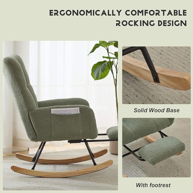 Nursery Rocking Chair Teddy Upholstered Glider Rocker with Footrest Accent Chair with High Backrest Armchair Comfy Side Pocket Chair for Living Room, Bedroom, Offices (Large Green)