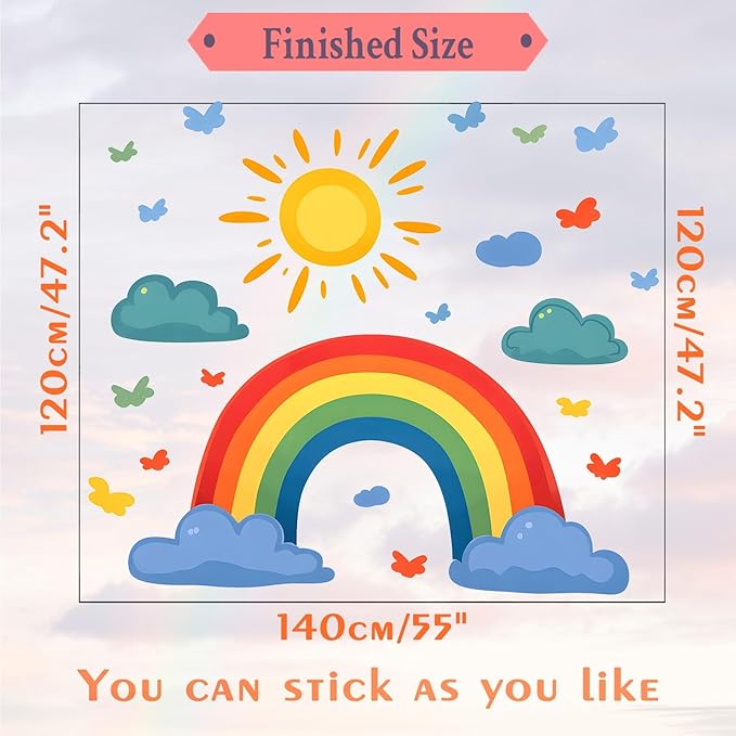 Rainbow Wall Decals Watercolor Sun Cloud Wall Stickers for Kids Room, Cute Cloudy Rainbow Wall Decor Butterfly Sun Decorations Peel and Stick Removable Decals for Girls Room Nursery