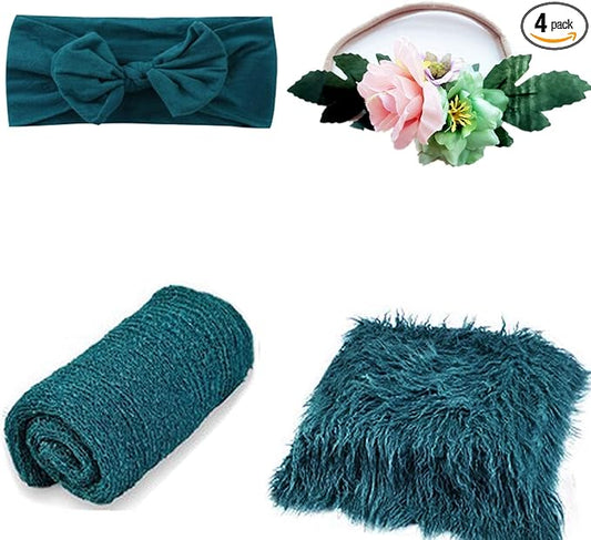 SPOKKI 4 Pcs Newborn Photography Props Outfits- Baby Dark Green Long Ripple Wrap and Toddler Swaddle Blankets Photography Mat with Cute Headbands for Infant Boys Girls(0-12 Months)