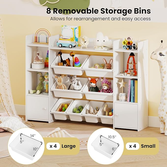 Costzon 56'' Kids Toy Storage Organizer with 8 Removable Bins, 4-Tier Toddler Bookshelf Cubbies, Preschool Children's Montessori Bookshelf w/6 Large Cabinet for Playroom, Daycare, Kids Room, Classroom