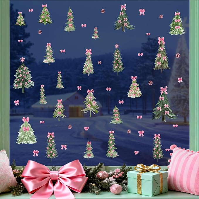 Christmas Tree Window Decals Small Pine Trees Wall Stickers Pink Bow Trees Windows Decals Watercolor Winter Green Tree Wall Stickers Removable Xmas Holiday Windows Decoration for Party Supplies