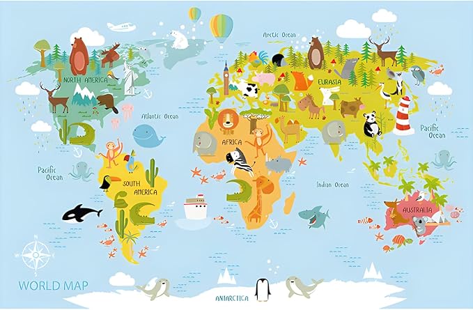 Animal World Map Wall Decals Kids Educational Learning Landmarks Wall Stickers Jungle Wild Animal Wall Art Decal Removable World Map Simple Cute Animal Wall Murals for Kids Calssroom Decor