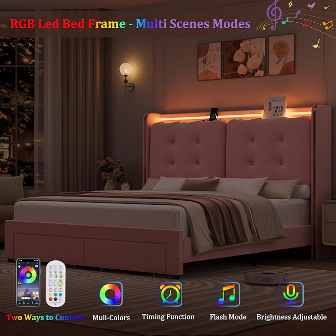 HITHOS Upholstered Queen Led Bed Frame with Charging Station and Storage Drawers, Velvet Princess Platform Bed Frames with Crystal-Button Tufted Headboard for Girls and Kids, No Box Spring Need, Pink