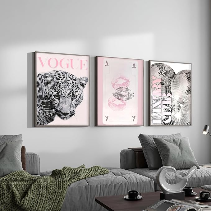 Retro Bar Cart Decor Aesthetic Girly Wall Art Modern Room Aesthetic Wall Art Funny Maximalist Leopard Print Set Of 3 Trendy Disco Ball Poster 12x16 Inch UnFramed for Living Room Bedroom Dorm Apartment