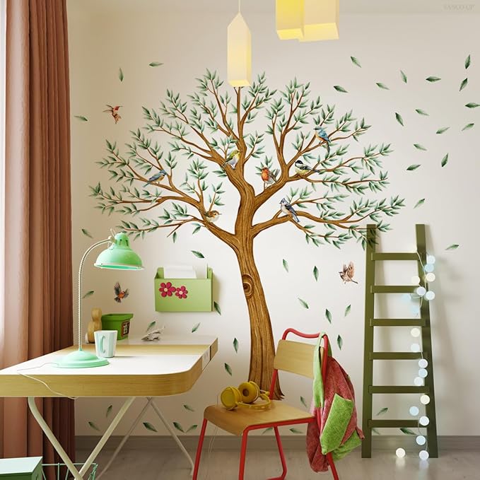 Large Tree Wall Decal with Birds, Green Leaves Tree Wall Stickers for Living Room Nursery Wall Decor 84.66x64.87 inches