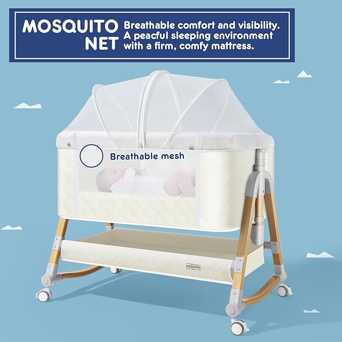 HARPPA Cuddly Bassinet, 3 in 1 Baby Bassinet, Rocking Bedside Bassinet with Wheels, 5 Height Adjustable, Includes Mosquito Net, Mattress, Anchor Strap