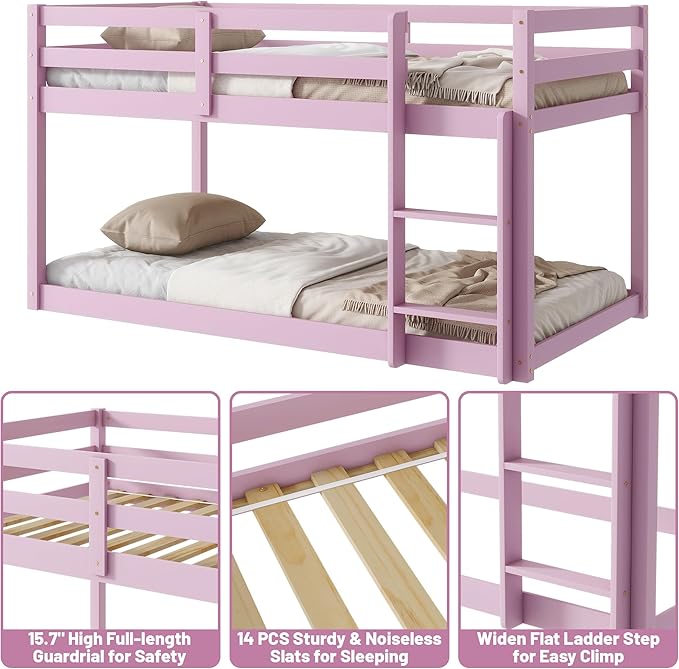 Bunk Bed Twin Over Twin, Wood Low Profile Floor Twin Bunk Beds with Ladder Guardrails for Kids Boys and Girls, No Box Spring Needed