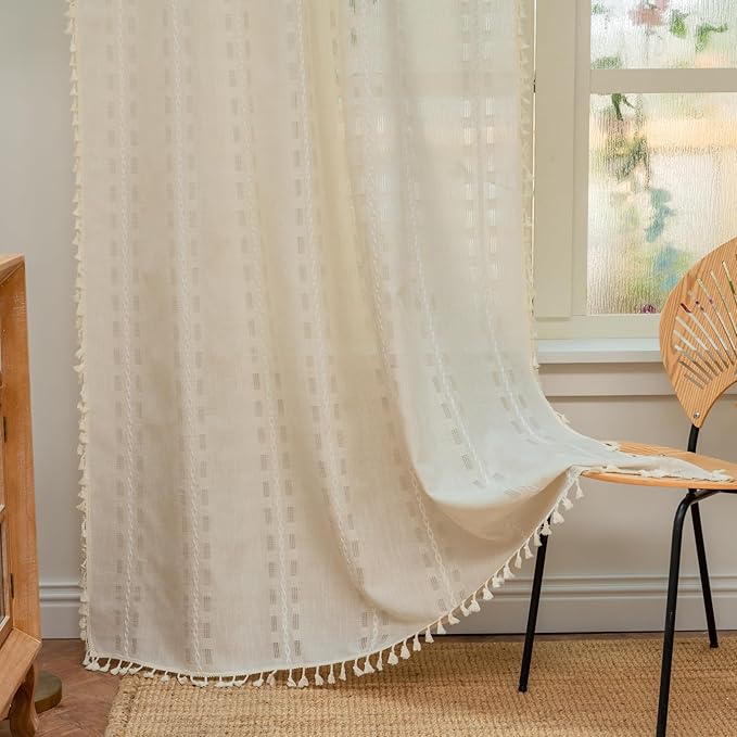 Deeprove Ivory Boho Curtain 96 inches Long for Living Room Bedroom, Vintage Bohemian Semi Blackout Linen 96 inches Length Stripe Embroidery Privacy Window Tassel Decor W52 x L96, 1 Panel