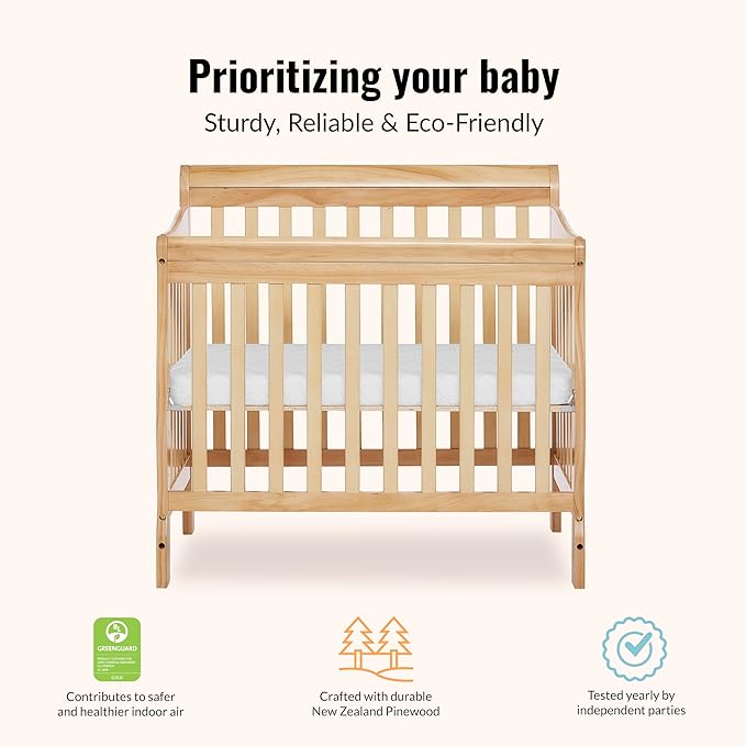 Dream On Me Aden 4-in-1 Convertible Mini Baby Crib in Natural, GreenGuard Gold & JPMA, Sustainable Pinewood, Non-Toxic Finish, 3 Mattress Heights, Converts to Mini Day & Twin-Size Bed