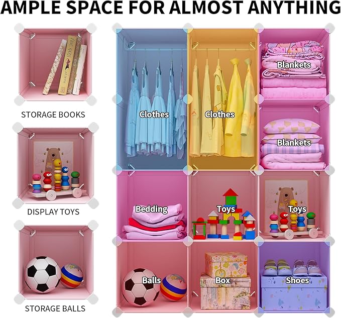 VIPZONE Baby Dresser, Kids Closet Organizers, Portable Kids Wardrobe for Closet, Bedroom, Nursery, Cubby, Cabinet, Clothes, Dress, Baby Storage Shelf, Armoire Clothes Hanging (12 Cube, Pink)