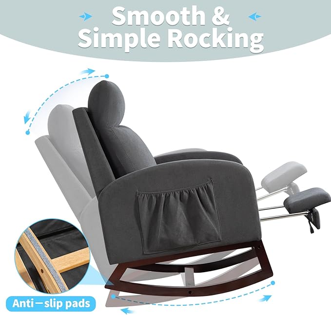 Rocking Chair Nursery Glider Chair with Foot Rest, Nursery Rocking Chairs with Rubber Wood Legs Side Pocket, High Back Nursing Chair, Accent Rocker Arm Chair Baby Bedroom, Living Room, Gray