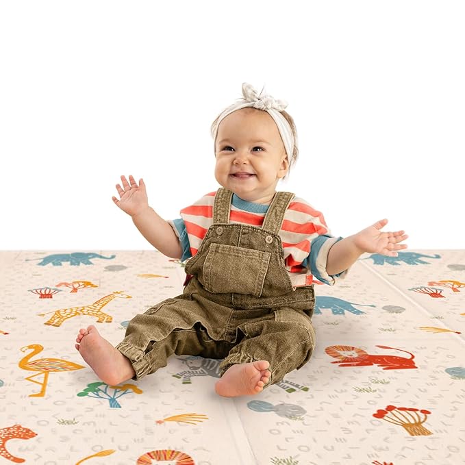 ORIBEL PurePlay Baby Play mat | 79" x 59" | Odour Free | Easy to Clean | Water & Stain-Resistant | Reversible & Foldable | 3 Layer Protection| Scratch Resistant (Savanna Adventure)