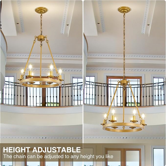 Wagon Wheel Chandelier, 6-Light Gold Round Modern Farmhouse Chandelier with Adjustable Height Hanging Island Light Fixture for High Ceiling Dining Room, Kitchen, Living Room, Entryways, Foyer