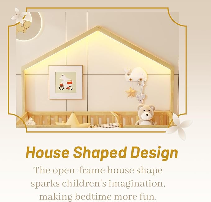Full Size House Bed for Kids, Low Profile Full Montessori Bed with High Railings, Wood House Shape Montessori Beds with Light & Roof for Kids, Natural