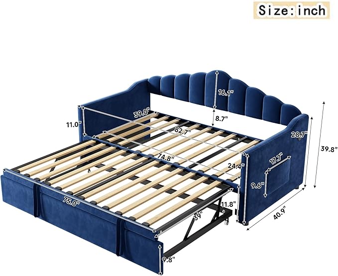 SOFTSEA Twin Daybed with Pop Up Trundle, Velvet Upholstered Daybed with USB Ports, Modern Extendable Sofa Bed Frame with Curved Backrest for Bedroom, Small Space, Blue