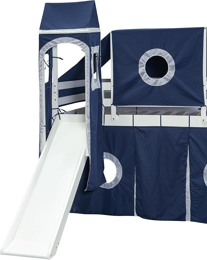 Playhouse Twin Size Low Loft Bed with Slide & Tent and Tower, Solid Wood Tent Bed Frame with Storage Staircase for Kids Teens Boys Girls, Versatile Spacious Under Bed Space with Curtains (Blue-TST)