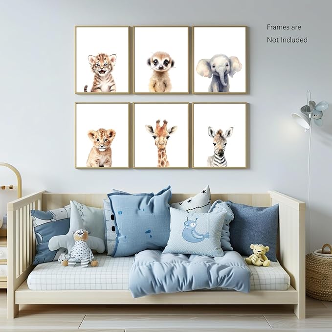 Wodkwq Nursery Wall Art Safari Animal Canvas Prints Baby Girl Boy Room Decor Poster Pictures Cute Jungle Theme Toddler Room Decoration Painting Set of 6 for Kids Bedroom Bathroom 12x16in Unframed