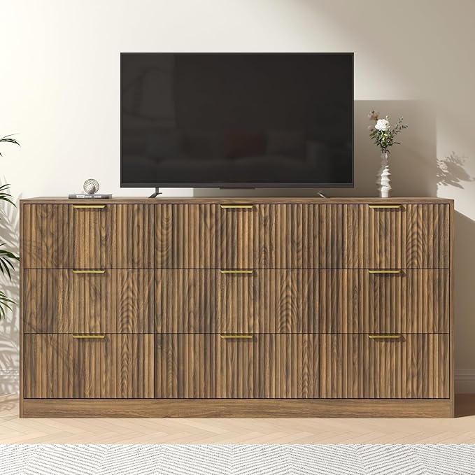 Fluted Wood Dresser for Bedroom,63” Wide 9 Drawer Dresser Mid Century Chest of Drawers Wooden with Gold Handles,Dressers TV Stand Storage Organizer for Closet,Bedroom,Living Room, Walnut