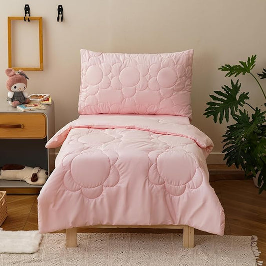 KAREVER Flower Toddler Bedding Set Botanical Print 4 Pieces Crib Bed Set Kids Pink Floral Comforter Set