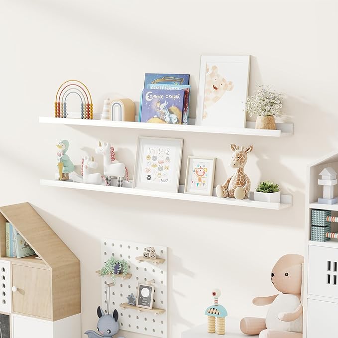Fun Memories Picture Ledge Shelf, Pine Wood Floating Shelves Set of 2, 55 inch Nursery Book Shelves, Photo Ledge Book Shelves Wall Mounted for Living Room Kids' Room Bedroom - White