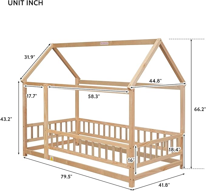 Bellemave Twin Size House Floor Bed Frame,Wooden Montessori Floor Bed with Fence for Kids,Twin Size Kids Bed,Natural